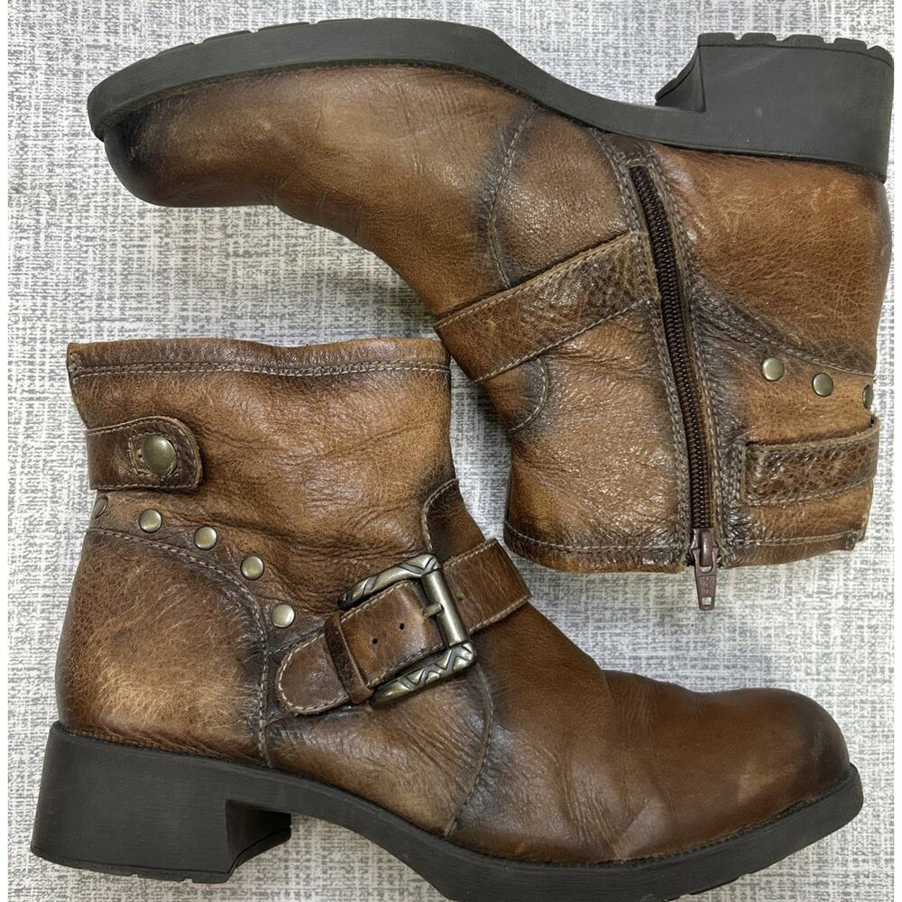 Earth Womens Size 8.5 Redwood Almond Leather Moto Boots Booties Buckle Studded - Picture 4 of 13
